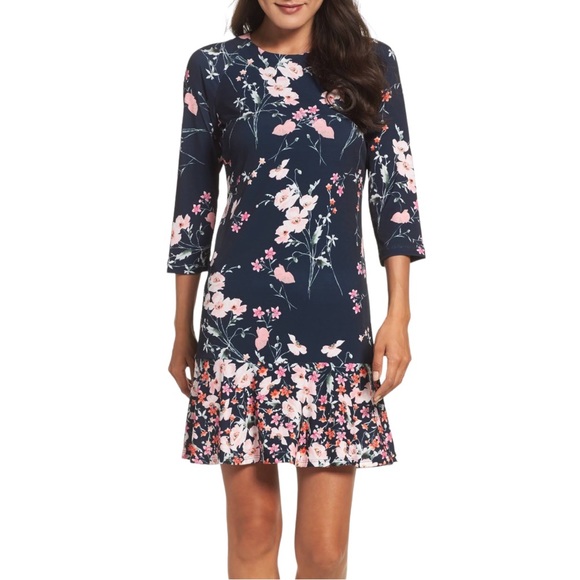 Eliza J Navy Mixed Floral Print 3/4 Sleeve Mini Dress size 2 - Picture 1 of 10